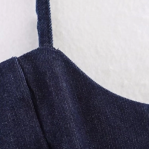 Slim fit dark blue denim sleeveless camisole top with detailed shoulder strap stitching