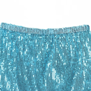 Women's 2025 early spring light blue sequin skirt waist detail with shimmering textures