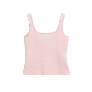 Detail view of the fine knit texture and square neckline on the light pink tank top