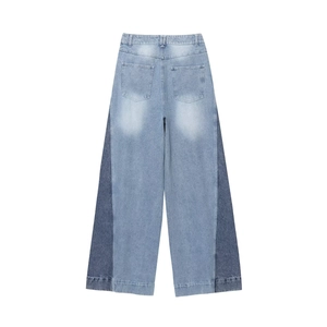 Women's high waist wide leg jeans with light and dark blue patchwork design