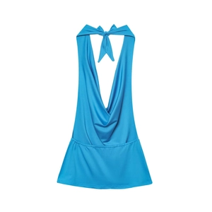 Vibrant bright blue cowl neck halter top with backless tie design for summer vacation wear