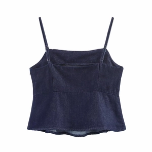 Deep blue denim sleeveless camisole top with thin straps and square neckline