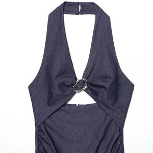 Halter neck midi dress in dark blue denim with silver metal ring and side gathering