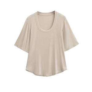 Elegant scoop neck short sleeve women blouse in champagne silky fabric for early spring
