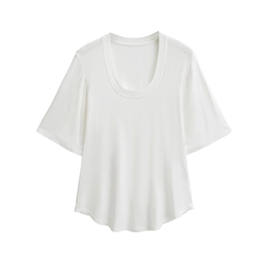 Women's white scoop neck t-shirt with flared short sleeves and curved hemline
