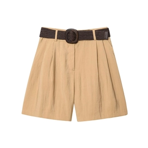 Detail of khaki high waist shorts featuring a pleated front and brown braided belt