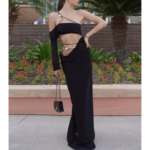 Women Sexy Off Shoulder Ruffle Crop Top And High Split Maxi Skirt Set With Artificial Pearl Detail Black Polyester Party Clubwear