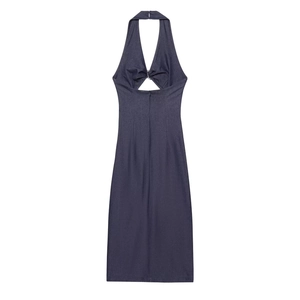 Deep blue-grey halter midi dress with stylish front cutout and metal ring accent