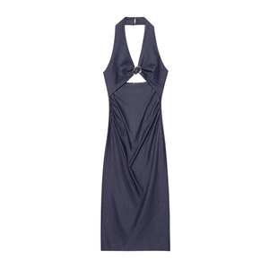Navy blue halter midi dress with V-neck metal ring and side ruched cutout details