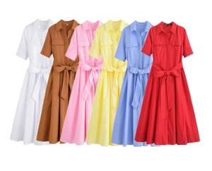 Short sleeve poplin shirt dress displayed in six vibrant colors with waist tie detail