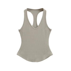 Women's ribbed V-neck slim fit tank top in khaki for yoga and daily athletic wear