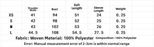 Size chart for linen blend short sleeve suit showing dimensions in centimeters