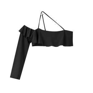 Sexy black one-shoulder cropped top with ruffled long sleeve and pearl accent