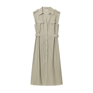 Sleeveless linen midi dress in bean green with button-down collar and chest pockets