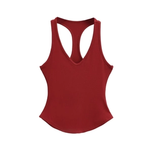 Slim fit dark red ribbed racerback tank top with deep V-neck and curved hem for women