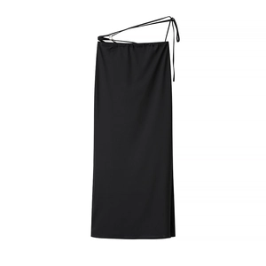 Elegant black satin dress with pearl strap detail on a clean white background