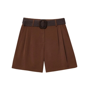Women's high waist loose brown shorts with pleated front and matching woven belt