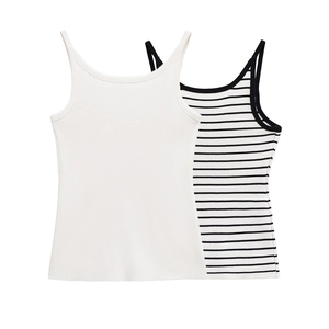 Detailed close-up of two-pack ribbed knit camisoles in solid white and black stripe patterns