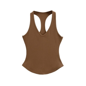 Slim fit brown ribbed racerback tank top with a deep V-neck and curved hemline