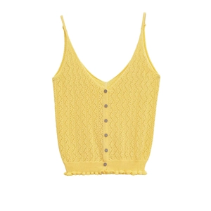 Débardeur Sexy pour Femme Col en V Tricoté Jaune Ajouré avec Boutons Sans Manches Ourlet à Volants Mode Décontracté Été