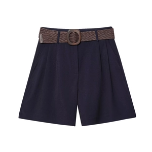 Navy blue high-waisted wide-leg shorts for women with a brown braided waist belt