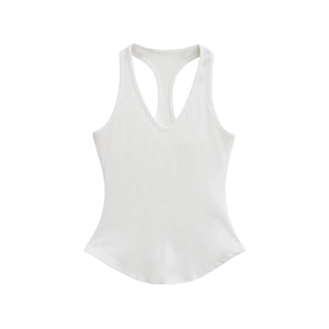 Slim fit white racerback sports tank top for women with deep V-neck and curved hem design