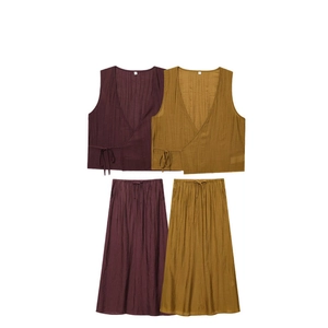 Women's Western Style Crinkled Top And Bottom Skirt Set V-Neck Sleeveless Side Tie Vest And Maxi Skirt Co-ord Set