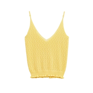 Camisole en tricot jaune citron avec col en V, motif ajouré et ourlet à volants élégant