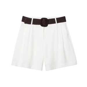 Women's white wide-leg shorts with a brown woven belt and pleated waist details