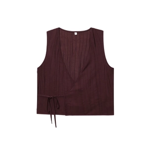 Women's burgundy wrinkled texture V-neck vest top with side ties and sleeveless design