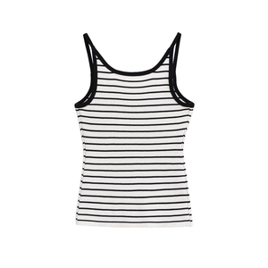 Detail of black and white striped knit tank top with thin straps and ribbed texture