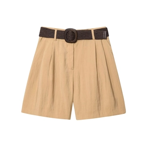 Women's high waist khaki wide-leg shorts with a brown woven belt for spring 2025