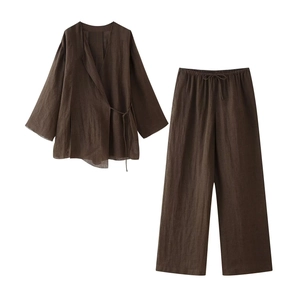 Minimalist dark brown linen two-piece set with side-tie kimono top and wide-leg pants