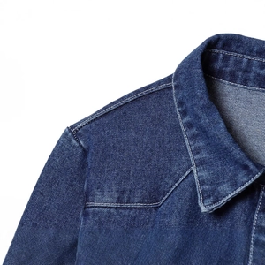 Fashion dark blue denim jacket for women featuring classic collar and double stitching details