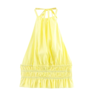 Bright yellow halter neck top with pleated bust and smocked waist for women