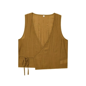 Brown crinkled wrap vest with V-neck and side-tie detail for early spring women's fashion