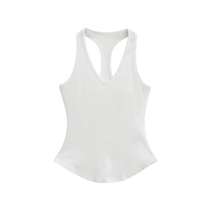 White ribbed V-neck racerback tank top in a slim fit athletic style for women