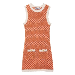 Women Knitted Sleeveless Mini Dress Wave Texture Scalloped Trim Gold Button Pocket Elegant Crochet Orange White Party Dress
