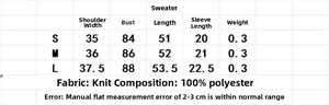 Detailed size chart for women knit top showing measurements in S, M and L sizes
