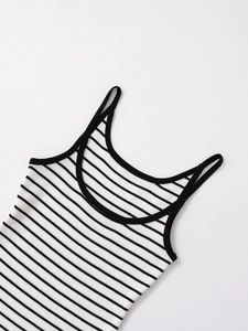 Detailed close-up of fine ribbed texture on a black and white striped knitted tank top