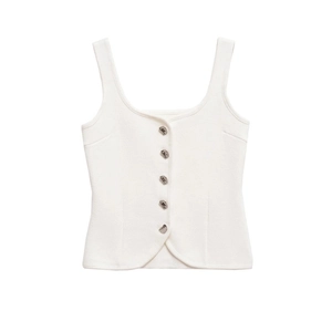 Chic white knit sleeveless vest with deep U-neck and five silver irregular metal buttons
