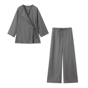 Minimalist dark grey lounge set with long sleeve tie-side top and wide leg pants