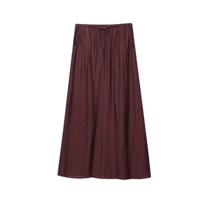Deep burgundy crinkle texture maxi skirt with elastic drawstring waist for 2025 spring style