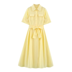 Short sleeve light yellow poplin shirt dress with lapel collar and waist tie belt