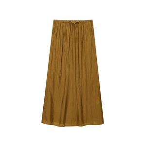 Women's ochre yellow pleated A-line maxi skirt with an elastic drawstring waist