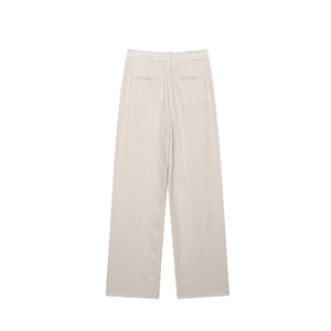 Detail of the back of high-waisted linen blend wide-leg trousers with two welt pockets