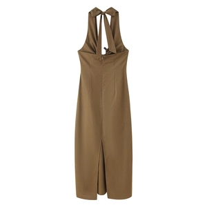 Detail view of deep brown halter neck dress back with ribbon bow and invisible zipper