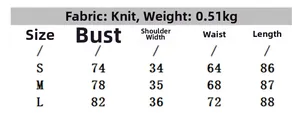 Size guide for irregular buttoned knit dress showing bust, waist, and length measurements