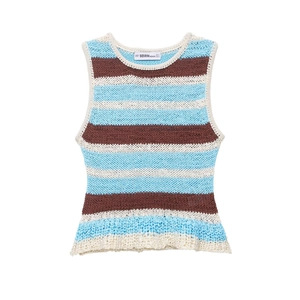 Women Casual Knitted Striped Tank Top Sleeveless Round Neck Crochet Polyester Early Spring Short Vest Top Fashion Clothing