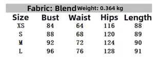 Size guide with bust, waist, and hip measurements for this mini dress in mixed fabric